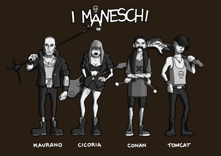 i Maneschi, alter ego dei Måneskin: Maurano, Cicoria, Conan, Tomcat